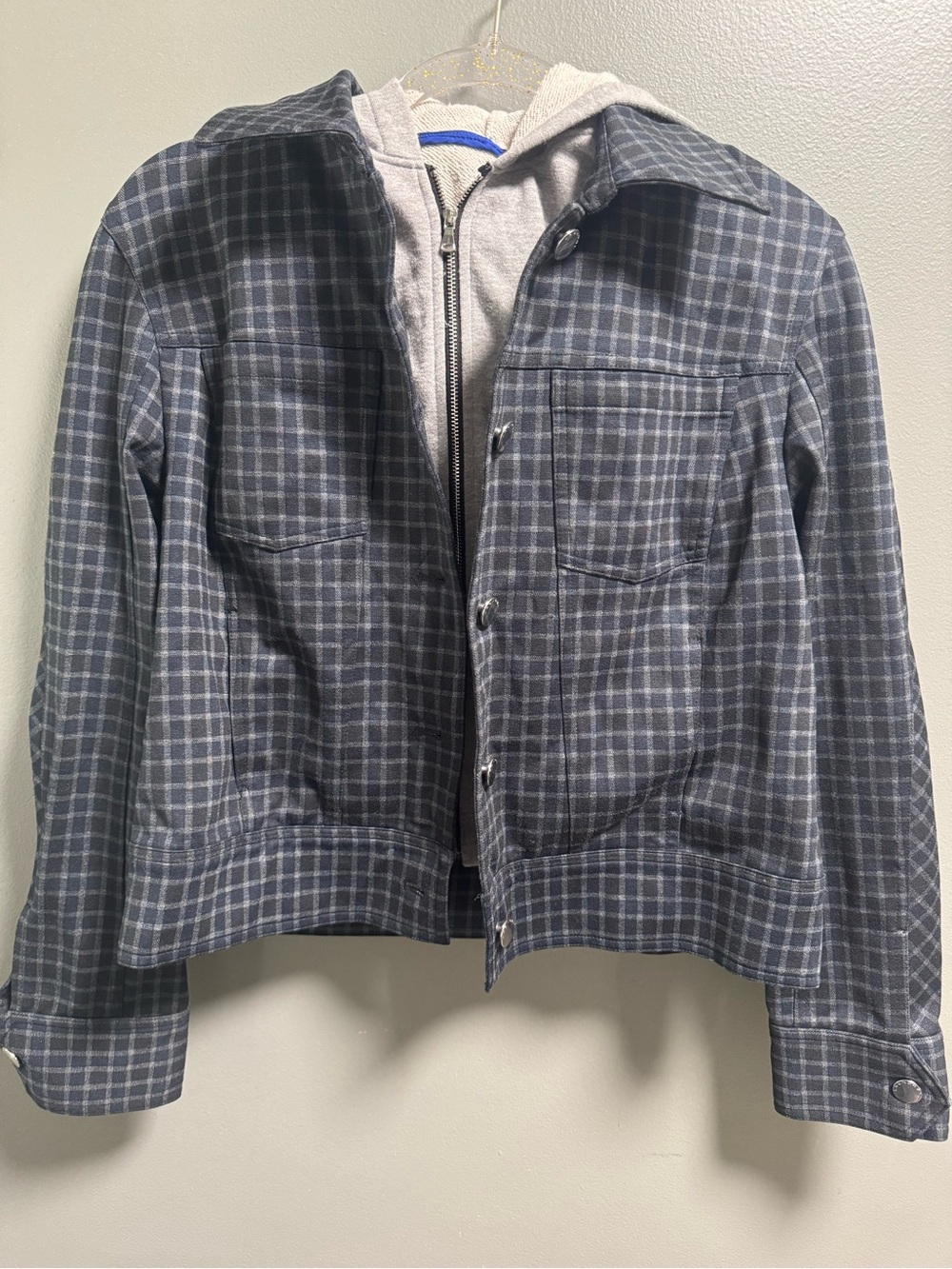 Laundry By Shelli Segal Blue Gray Plaid Cropped Dickey Style Trucker Jacket M